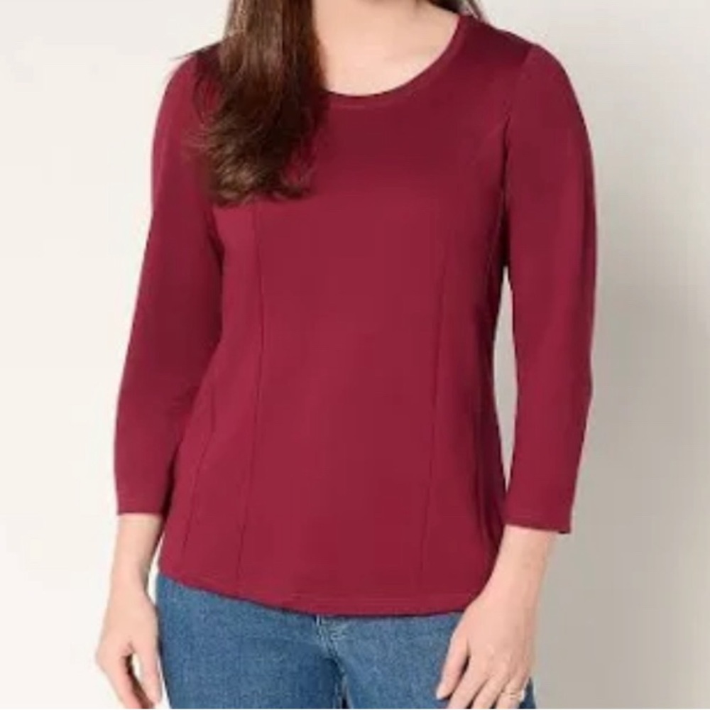 New BEAUTIFUL Lawrence Zarian SilkyPonte Seam Detail Crew Neck Top DarkCherry 1X